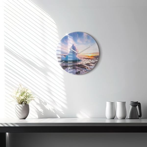 Round glass clock Geyser on the island of Iceland