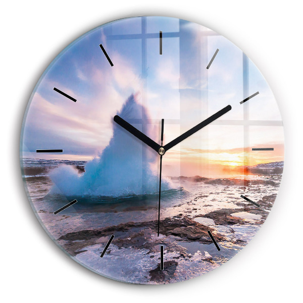 Round glass clock Geyser on the island of Iceland