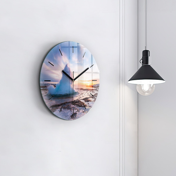 Round glass clock Geyser on the island of Iceland