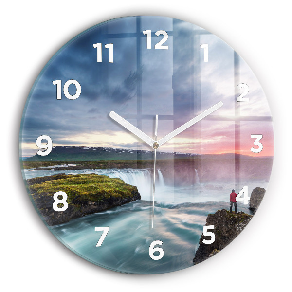 Round glass clock Landscape with a waterfall