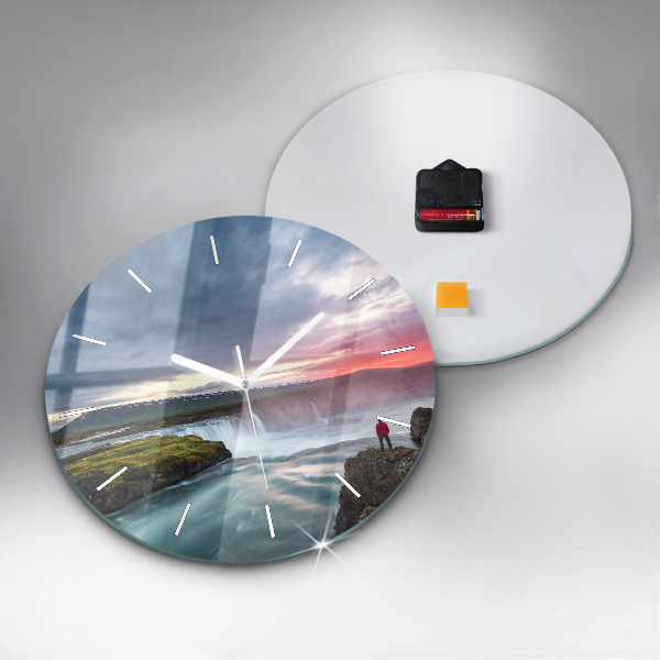 Round glass clock Landscape with a waterfall