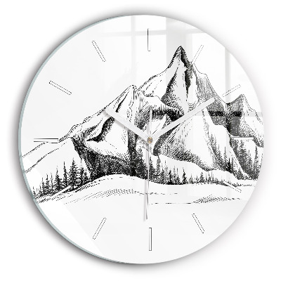 Round glass clock Drawn mountains
