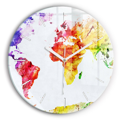 Round glass clock Watercolor world map