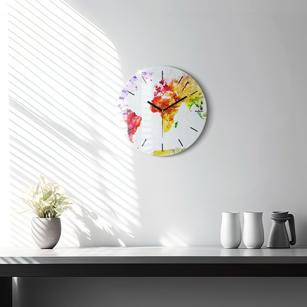Round glass clock Watercolor world map