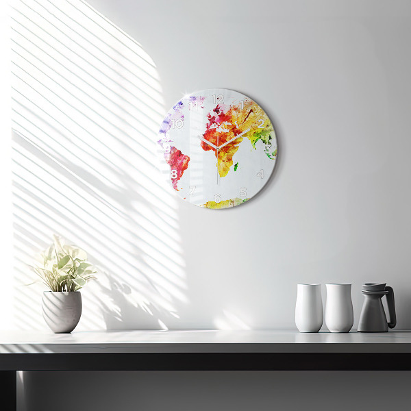 Round glass clock Watercolor world map