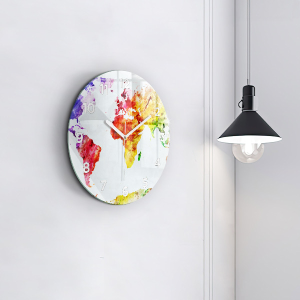 Round glass clock Watercolor world map