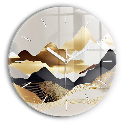 Round glass clock Abstract golden mountains