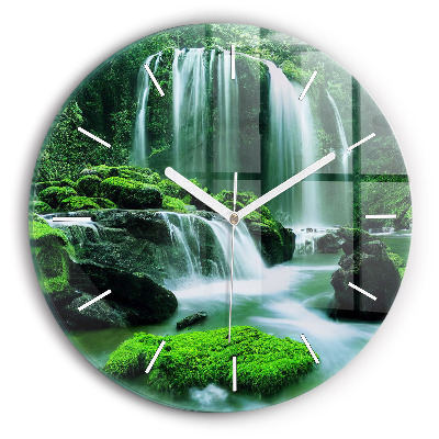Round glass clock Waterfall among the moss