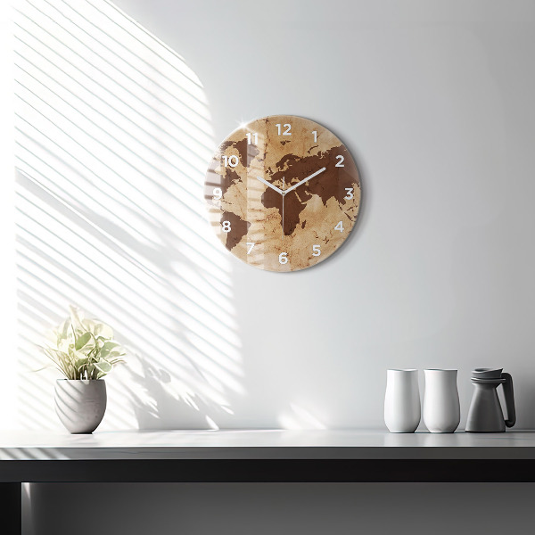 Round glass clock Vintage world map