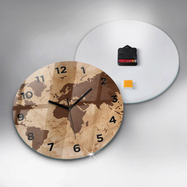Round glass clock Vintage world map