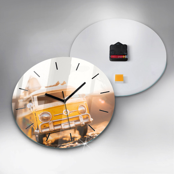 Round glass clock Car on vacation