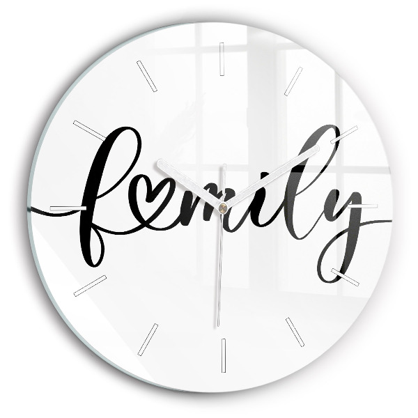 Round glass clock Family inscription and heart