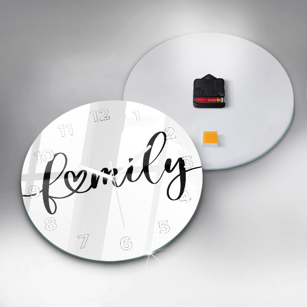 Round glass clock Family inscription and heart
