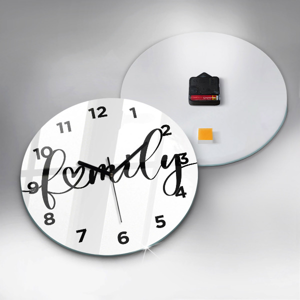 Round glass clock Family inscription and heart