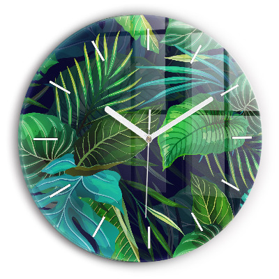 Round glass clock Exotic leaves