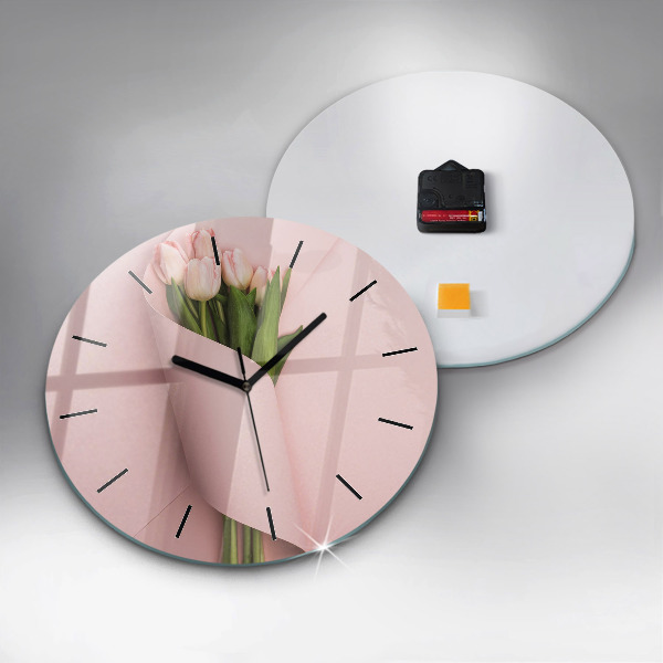 Round glass clock Tulip flower bouquet