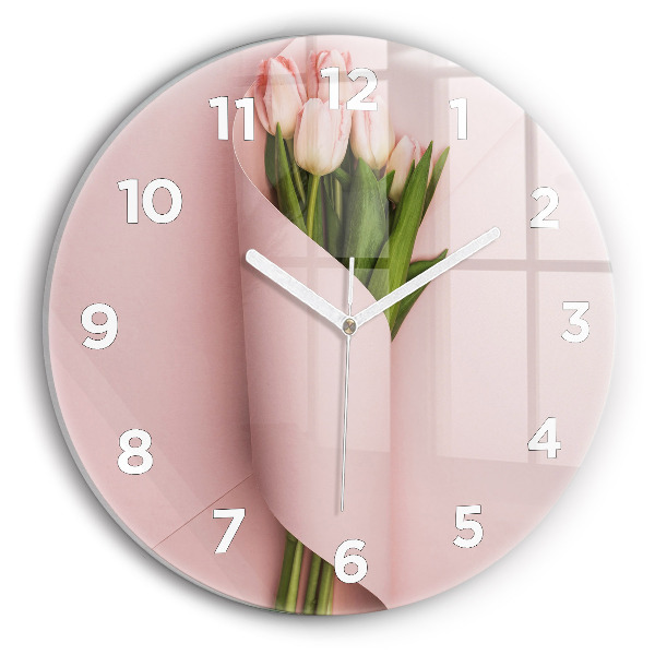 Round glass clock Tulip flower bouquet