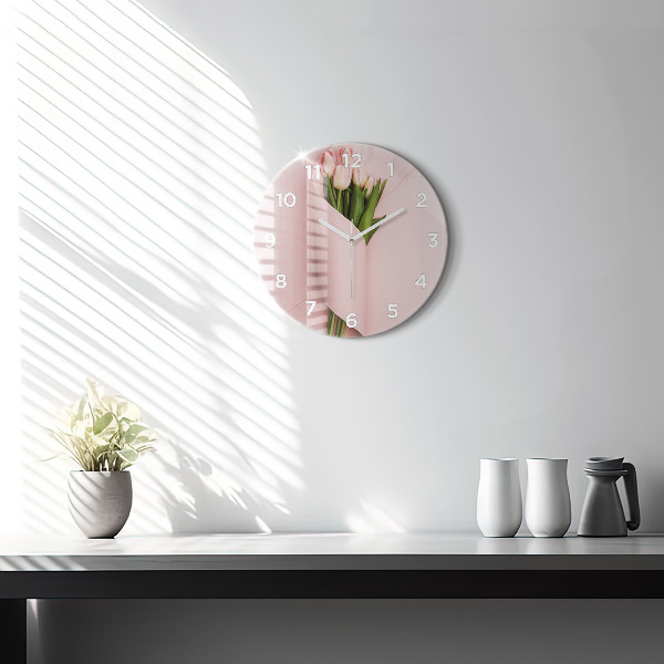 Round glass clock Tulip flower bouquet