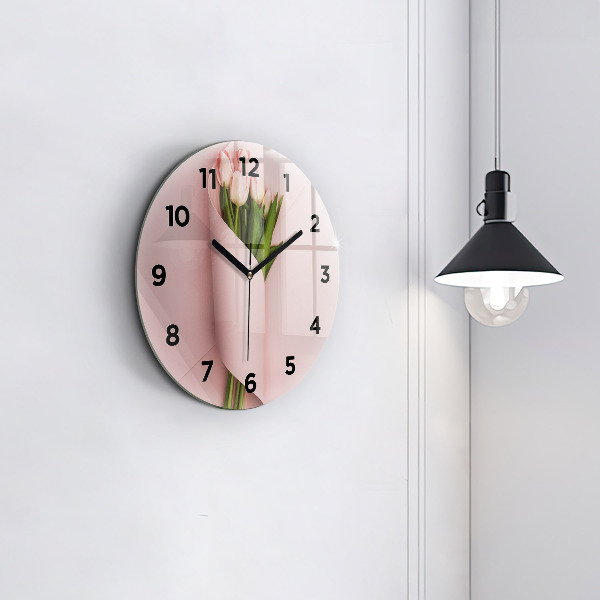 Round glass clock Tulip flower bouquet