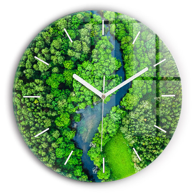 Round glass clock River in the forest