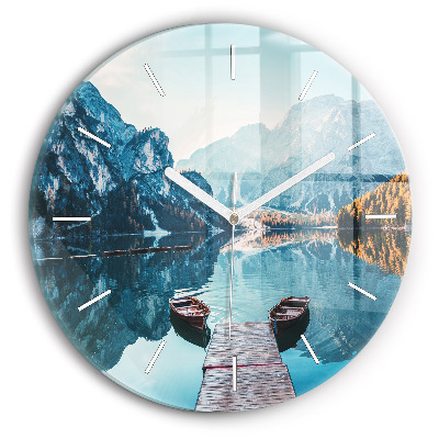 Round glass clock Boats on the lake