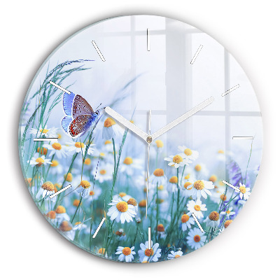 Round glass clock Butterfly in the meadow