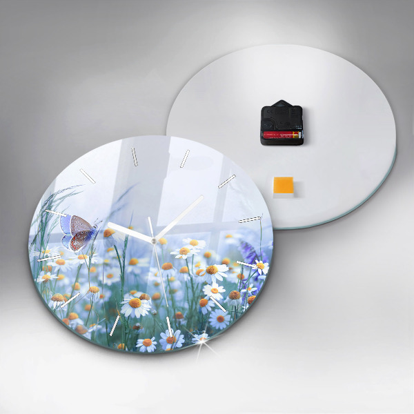 Round glass clock Butterfly in the meadow