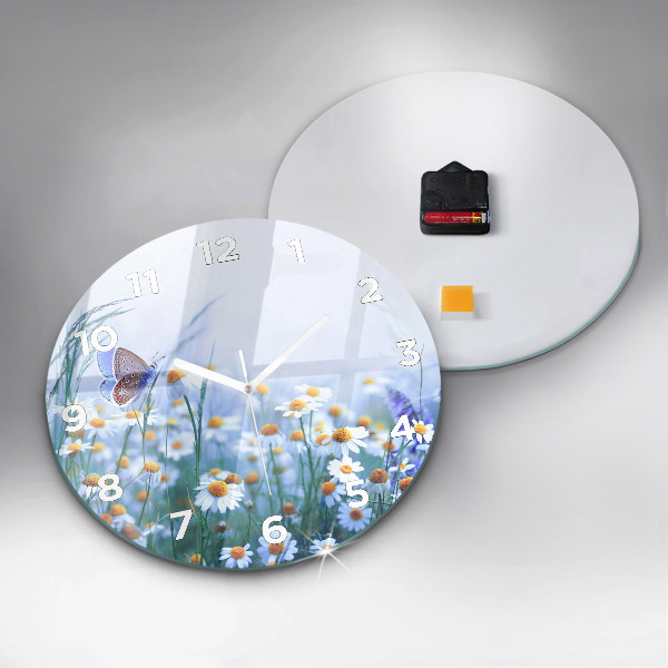 Round glass clock Butterfly in the meadow