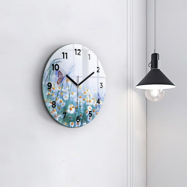 Round glass clock Butterfly in the meadow