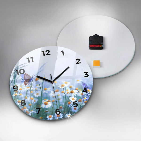 Round glass clock Butterfly in the meadow
