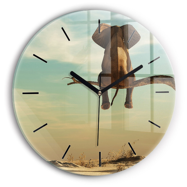 Round glass clock Elephant on a tree