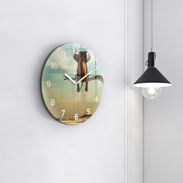 Round glass clock Elephant on a tree