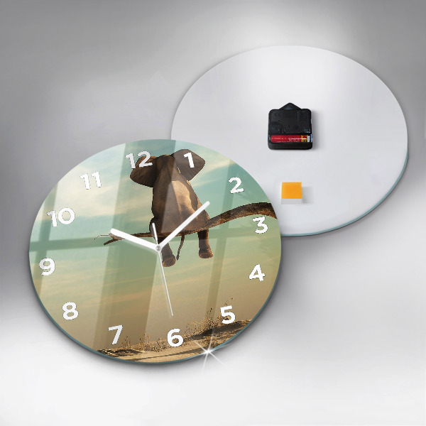 Round glass clock Elephant on a tree