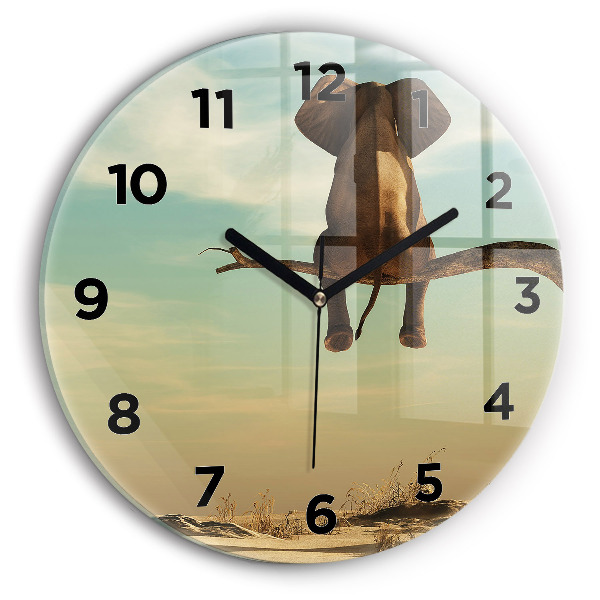 Round glass clock Elephant on a tree
