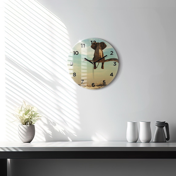 Round glass clock Elephant on a tree