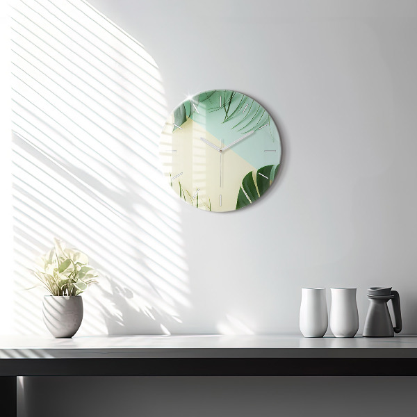 Round glass clock Monstera leaves