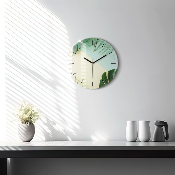 Round glass clock Monstera leaves