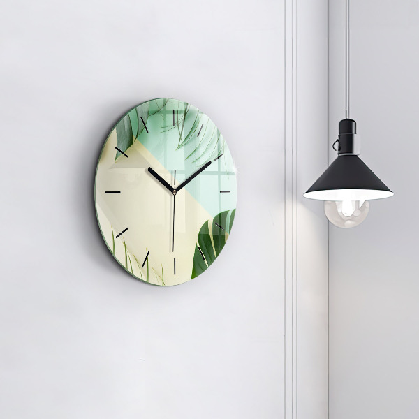 Round glass clock Monstera leaves