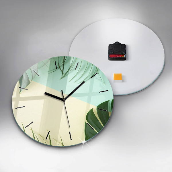 Round glass clock Monstera leaves