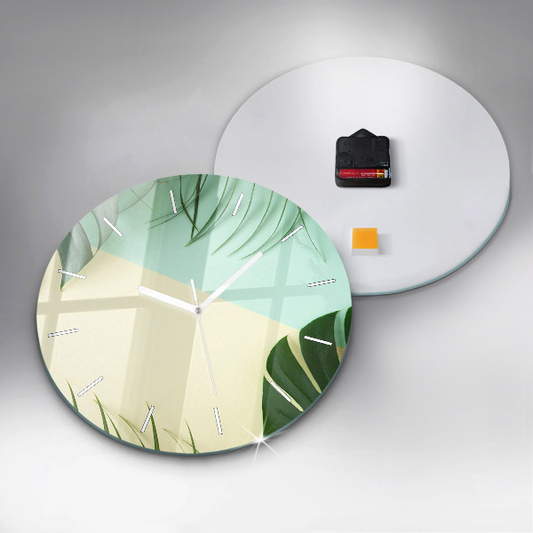 Round glass clock Monstera leaves