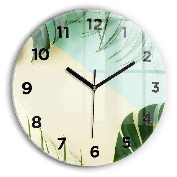Round glass clock Monstera leaves