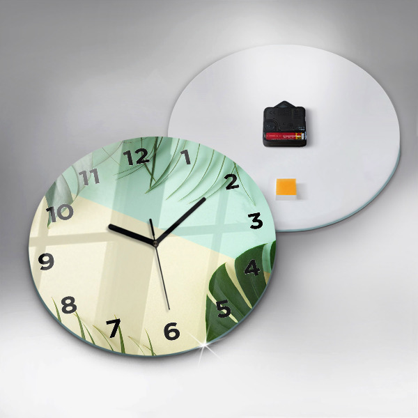 Round glass clock Monstera leaves