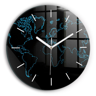 Round glass clock World map outlines