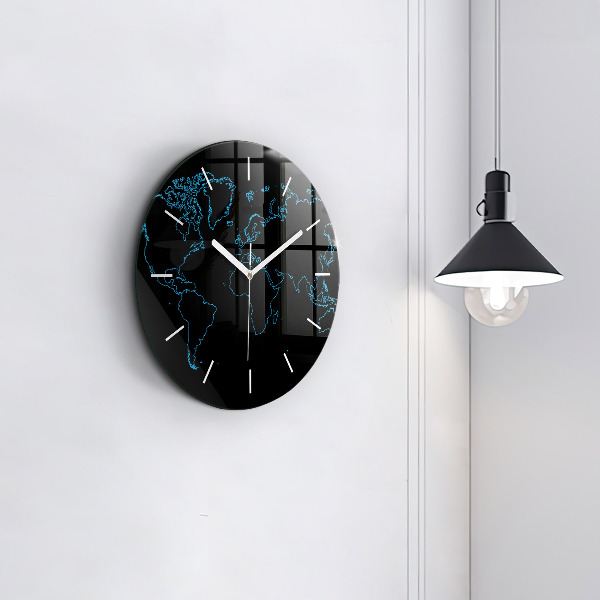 Round glass clock World map outlines