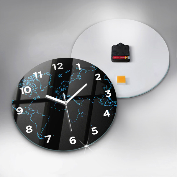 Round glass clock World map outlines
