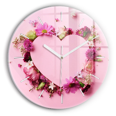 Round glass clock Heart of flowers