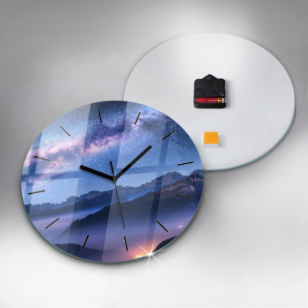 Round glass clock Milky Way and Mountains