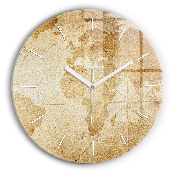 Round glass clock Vintage world map
