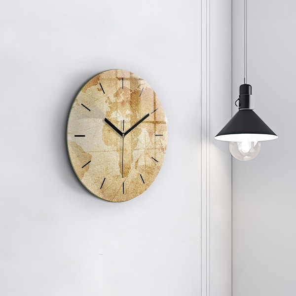 Round glass clock Vintage world map