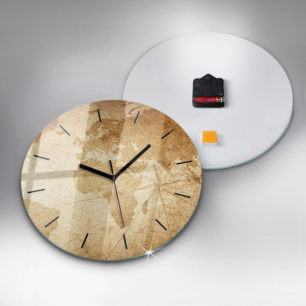 Round glass clock Vintage world map